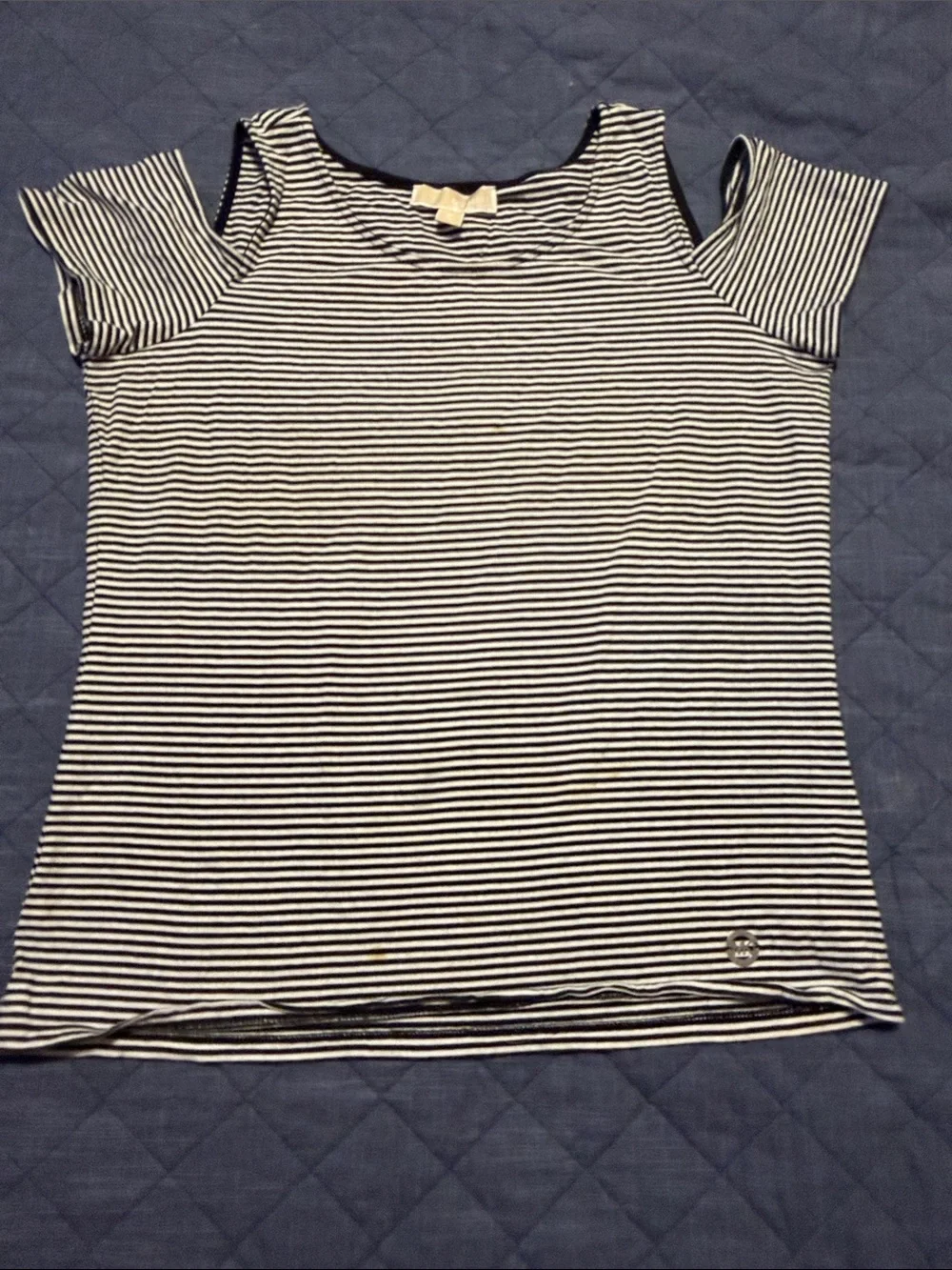 Michael Kors Navy and White Striped Cold-Shoulder Tee